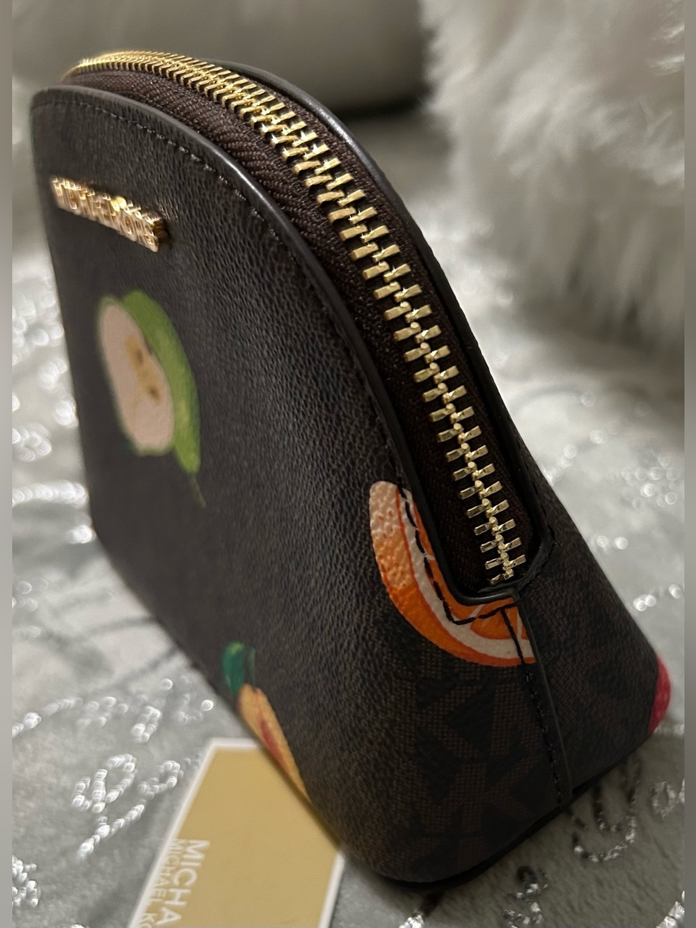 NWT Michael Kors Small Jet Brown Cosmetic Pouch-Pink/Green/Yellow Fruit Print - Picture 4 of 9